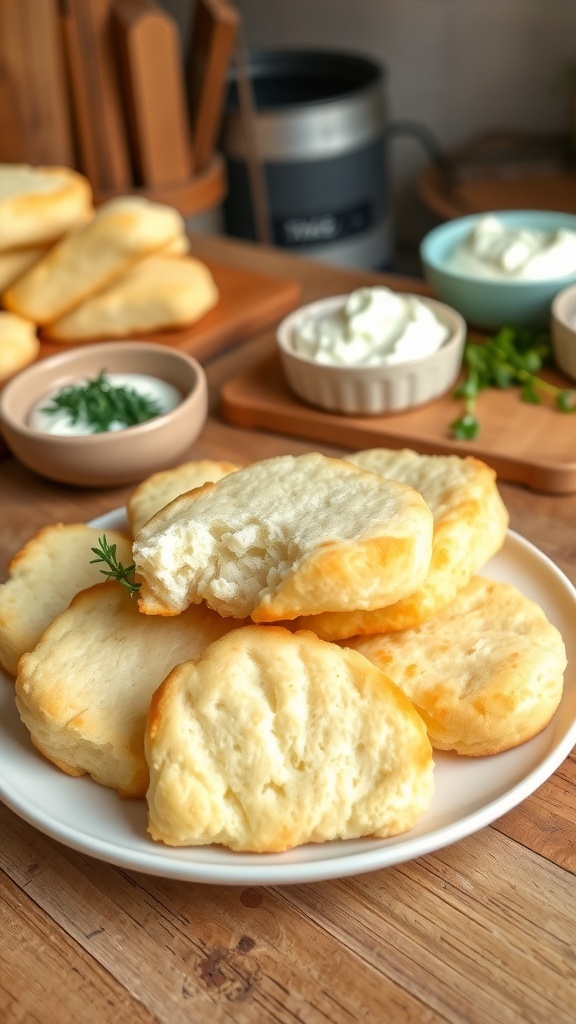 Fluffy Cloud Bread Recipe Fluffy cloud bread pieces on a plate with cream cheese spread, set on a wooden table.